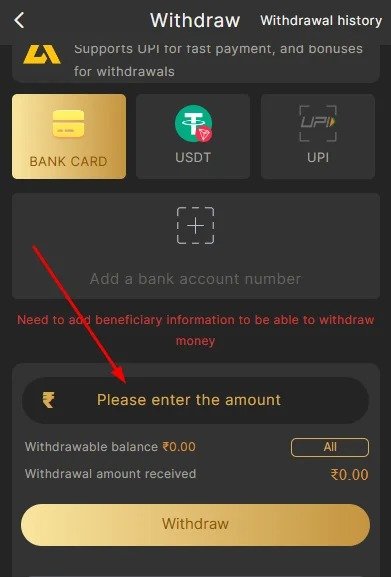 Enter withdrawal amount in BDG Win